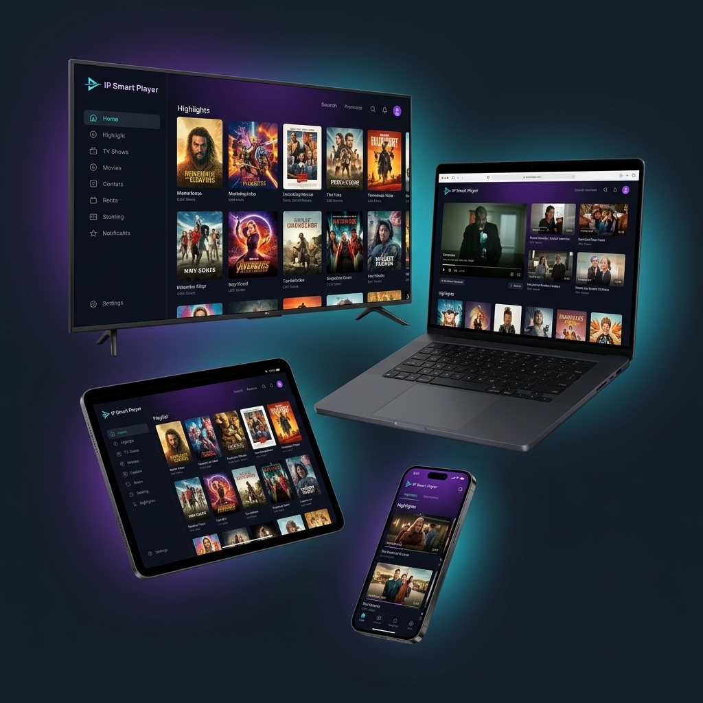 IP Smart Player running on smart TV, laptop, tablet and phone