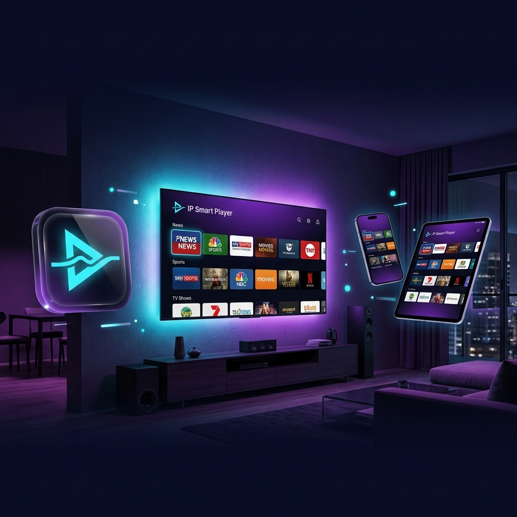 IP Smart Player interface showing a cinematic streaming experience across smart TV, phone and tablet